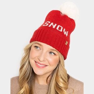 Red knit white fur Pom Pom beanie hat